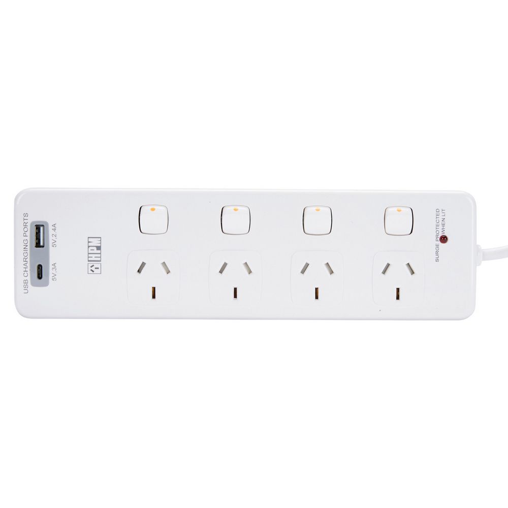 Hpm 4 Outlet USB Type A&C Switch Power Board - White D104PAUSBACWE