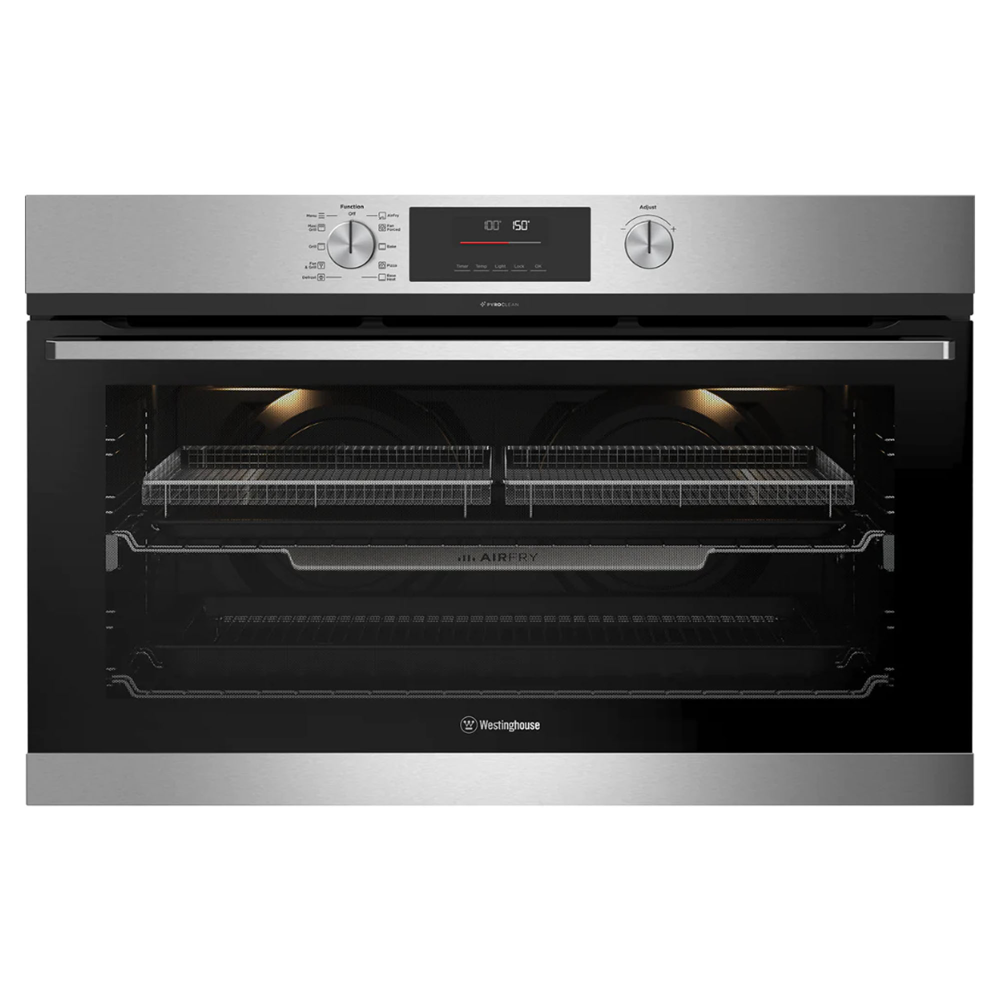 Westinghouse 90cm multi-function 10 stainless steel Pyro Clean oven with Air Fry, twin fan, and 125L WVEP9716SD
