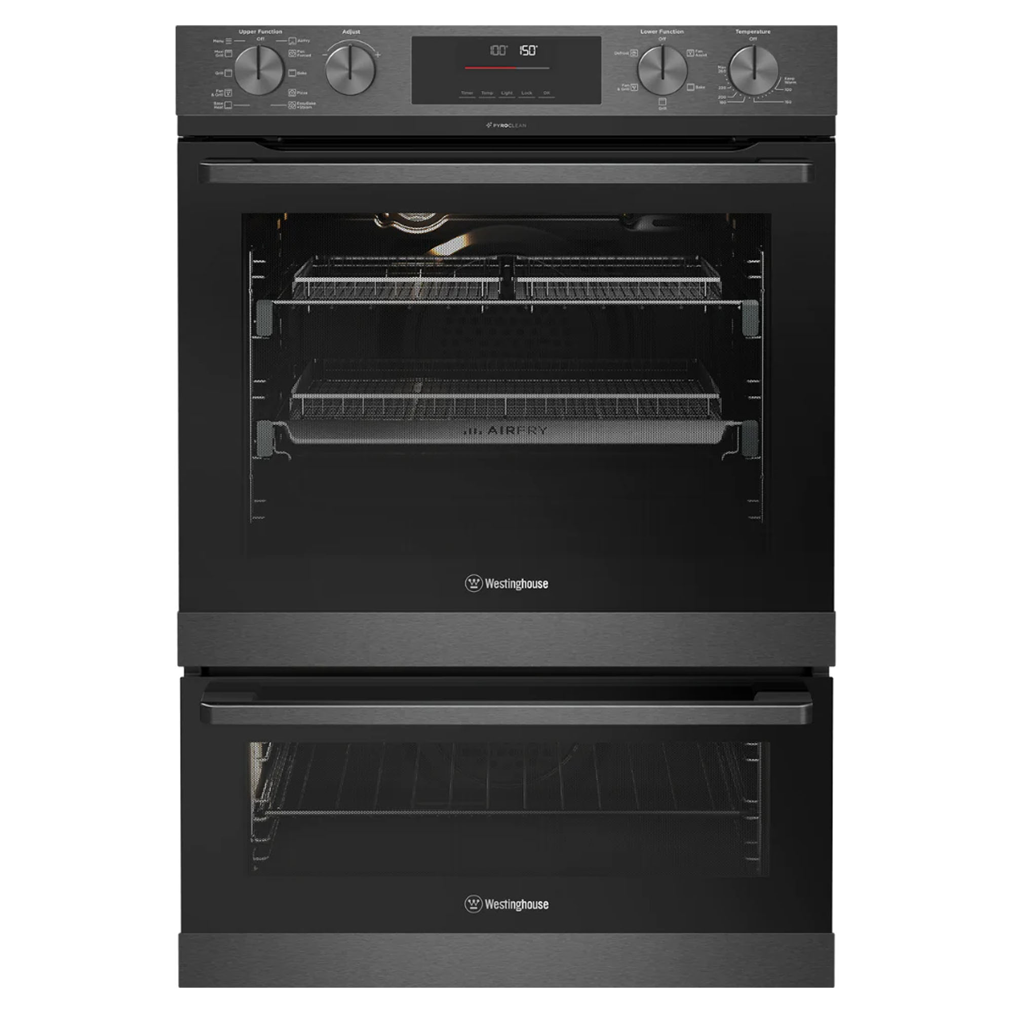 Westinghouse 60cm multi function 10 5 dark stainless PyroClean duo oven with Dual AirFry EasyBake Steam and 80L 46L WVEP6727DD