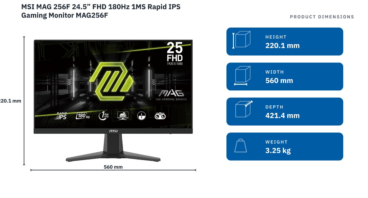 MSI MAG 256F 24.5” FHD 180Hz 1MS Rapid IPS Gaming Monitor. MAG256F