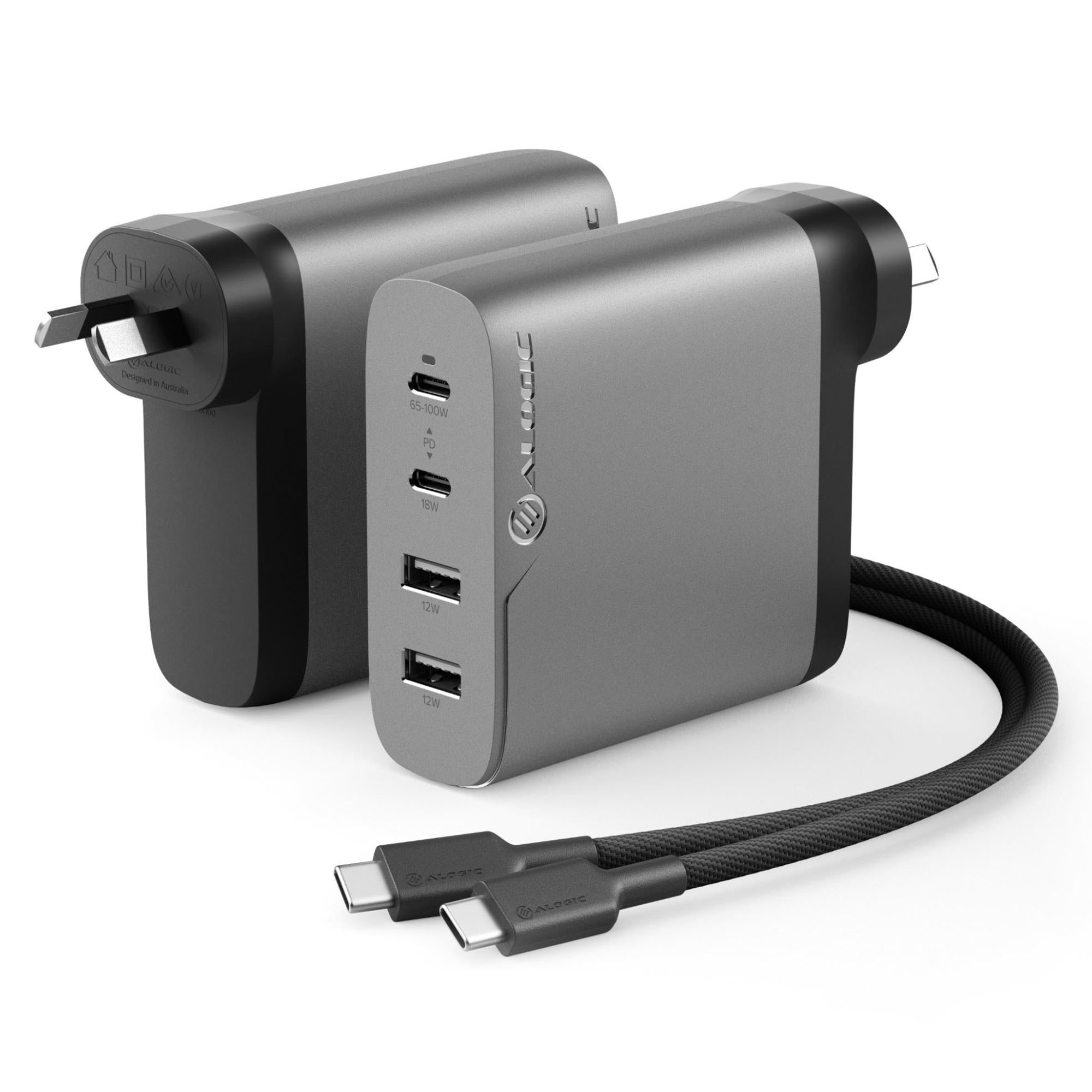 Alogic Rapid Power 4 Port 100W GaN Wall Charger - Grey WCG4X100SGR-ANZ