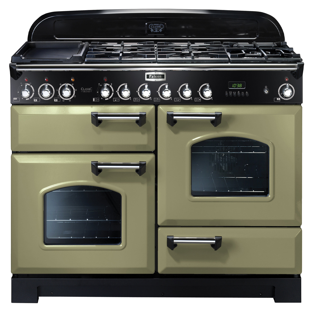Falcon Classic Deluxe 110cm Dual Fuel Upright Cooker Olive Green/Chrome