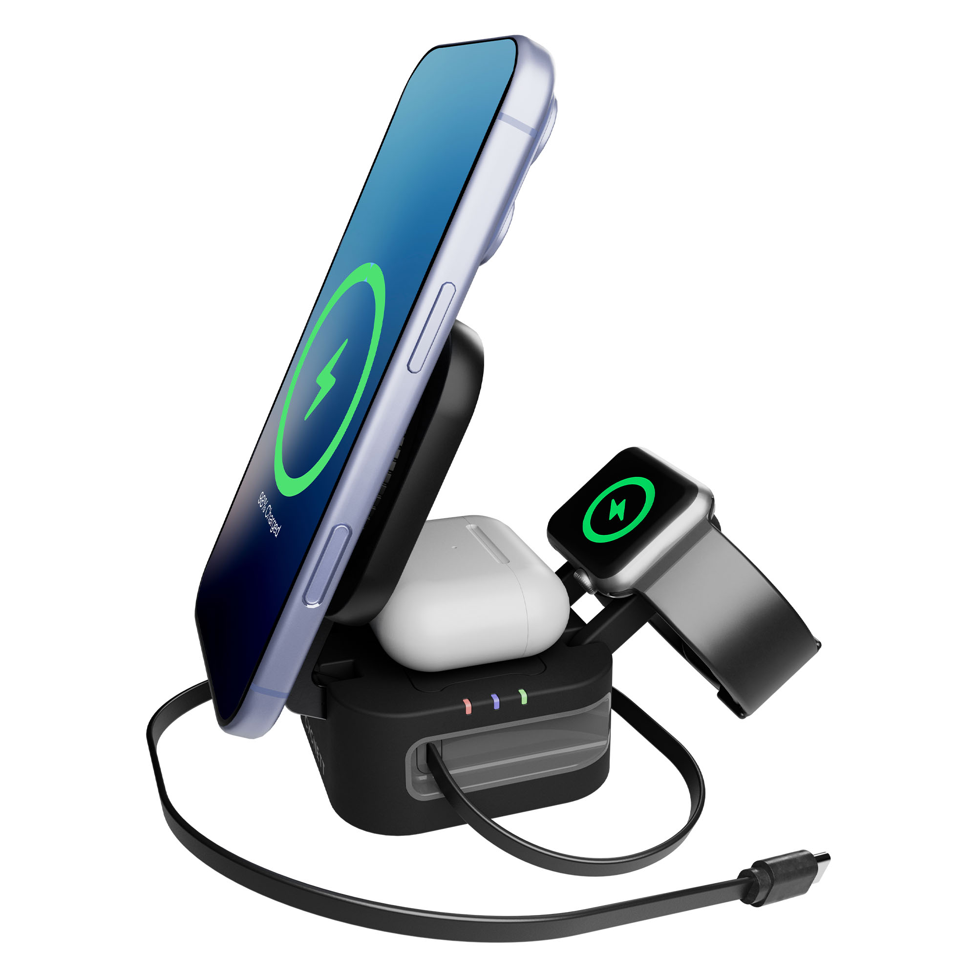 Cygnett ChargeBase Wireless 3-in-1 Charger with Retractable USB-C Cable - Black CY5852WCCRC