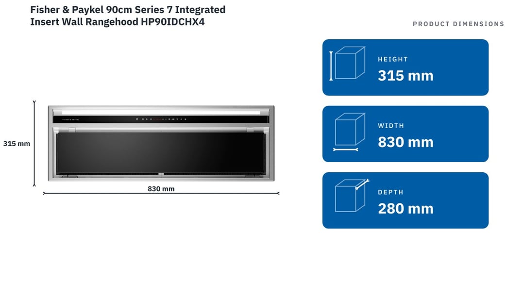 Fisher & Paykel 90cm Series 7 Integrated Insert Wall Rangehood HP90IDCHX4 — product dimensions