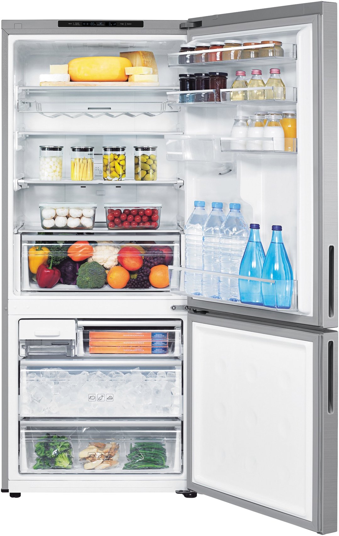 Open stainless steel bottom mount fridge filled with food and drinks
