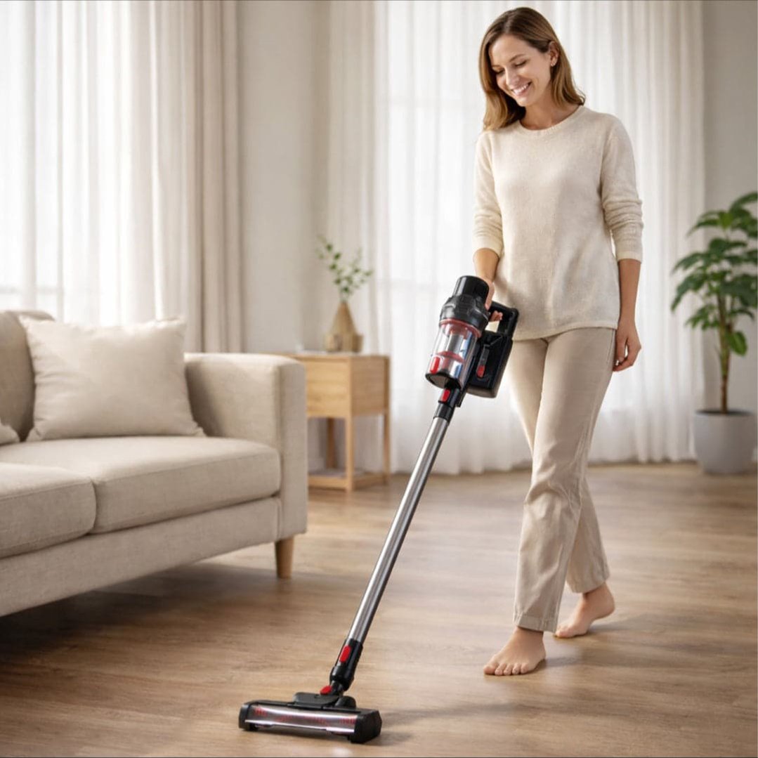 Woman smiling while vacuuming a wooden floor with a stick vacuum cleaner
