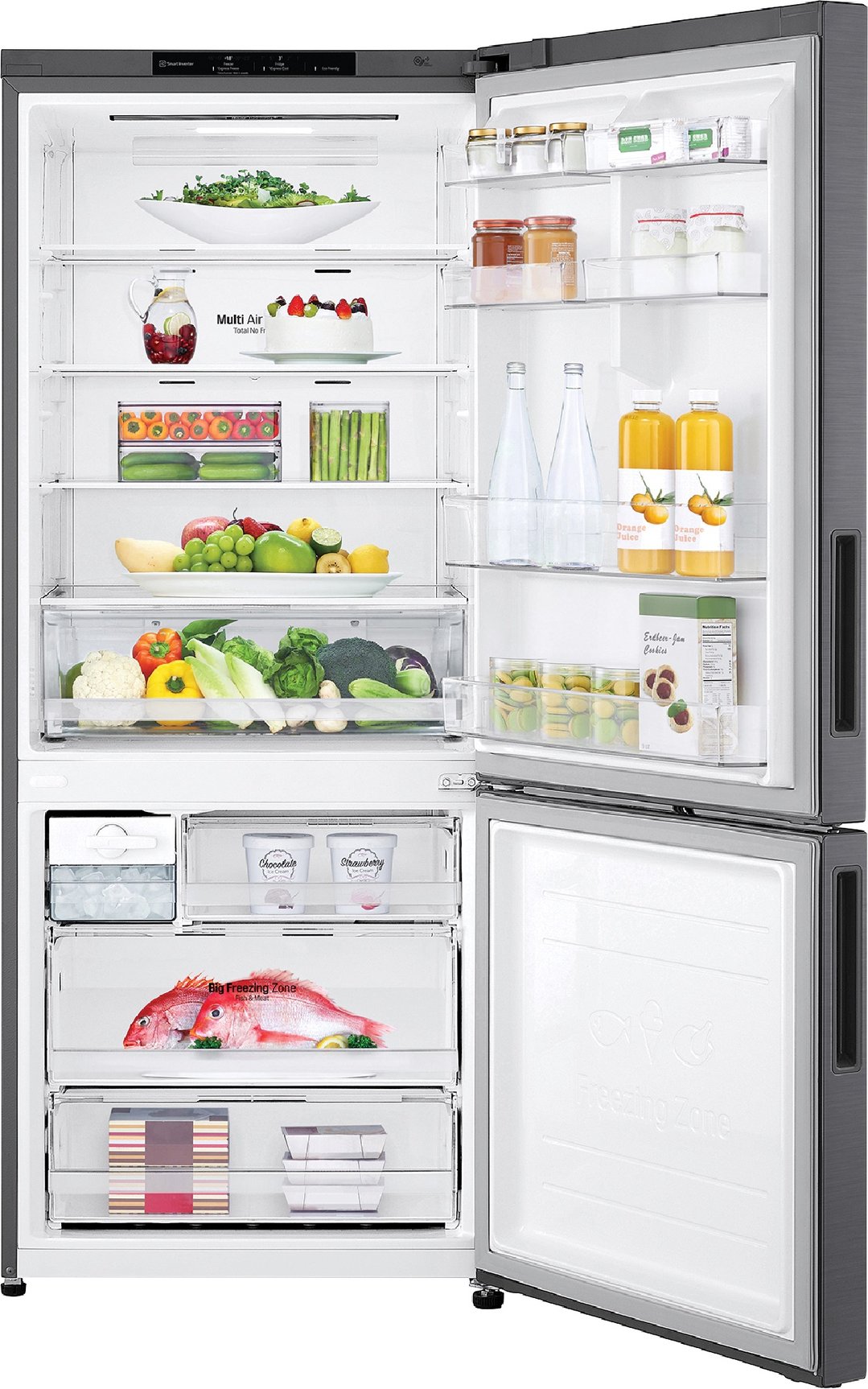 Open LG bottom mount fridge filled with food and drinks in a kitchen setting