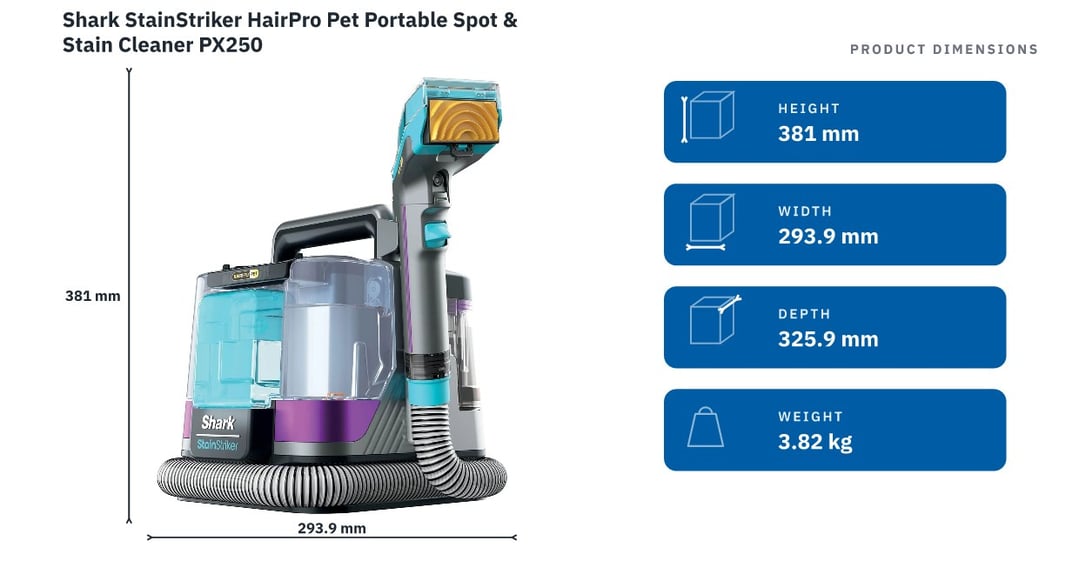 Shark StainStriker HairPro Pet Portable Spot & Stain Cleaner PX250 — product dimensions
