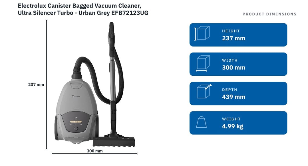 Electrolux Canister Bagged Vacuum Cleaner, Ultra Silencer Turbo - Urban Grey EFB72123UG — product dimensions