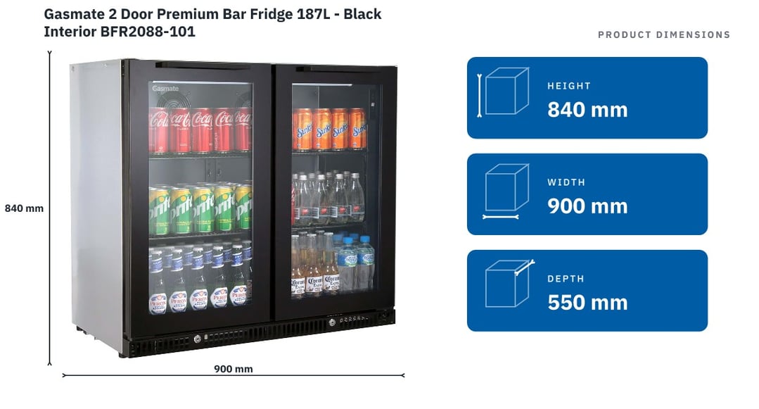 Gasmate 2 Door Premium Bar Fridge 187L - Black Interior BFR2088-101 — product dimensions