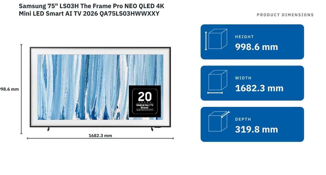 Samsung 75" LS03H The Frame Pro NEO QLED 4K Mini LED Smart AI TV 2026 QA75LS03HWWXXY — product dimensions