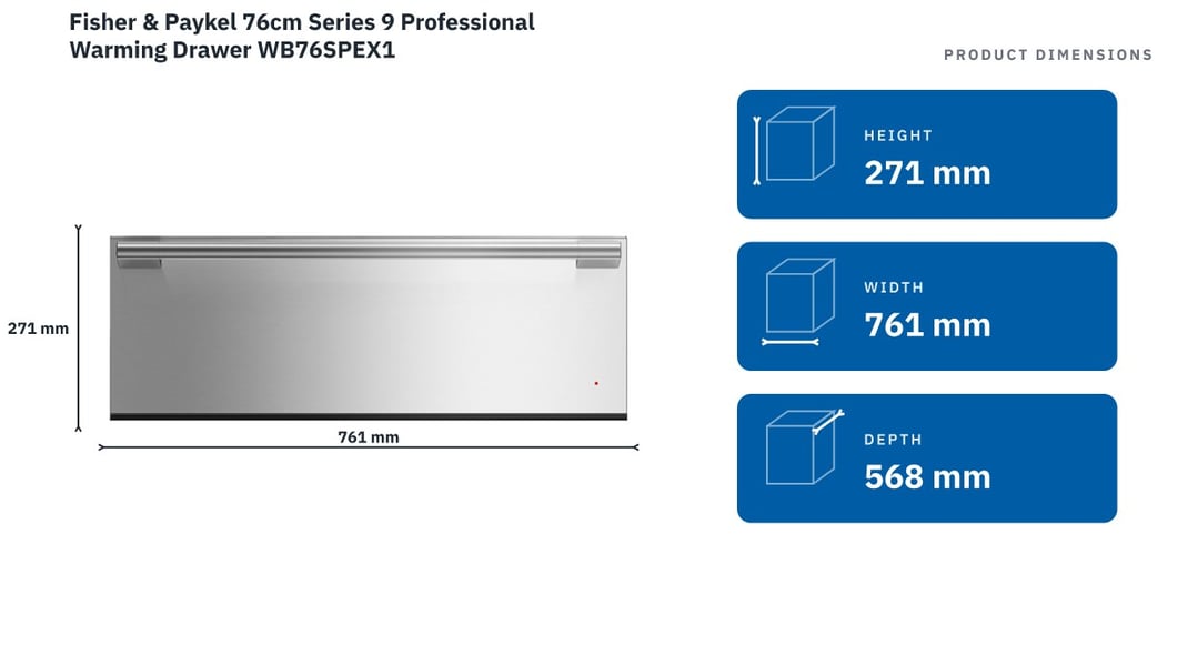 Fisher & Paykel 76cm Series 9 Professional Warming Drawer WB76SPEX1 — product dimensions