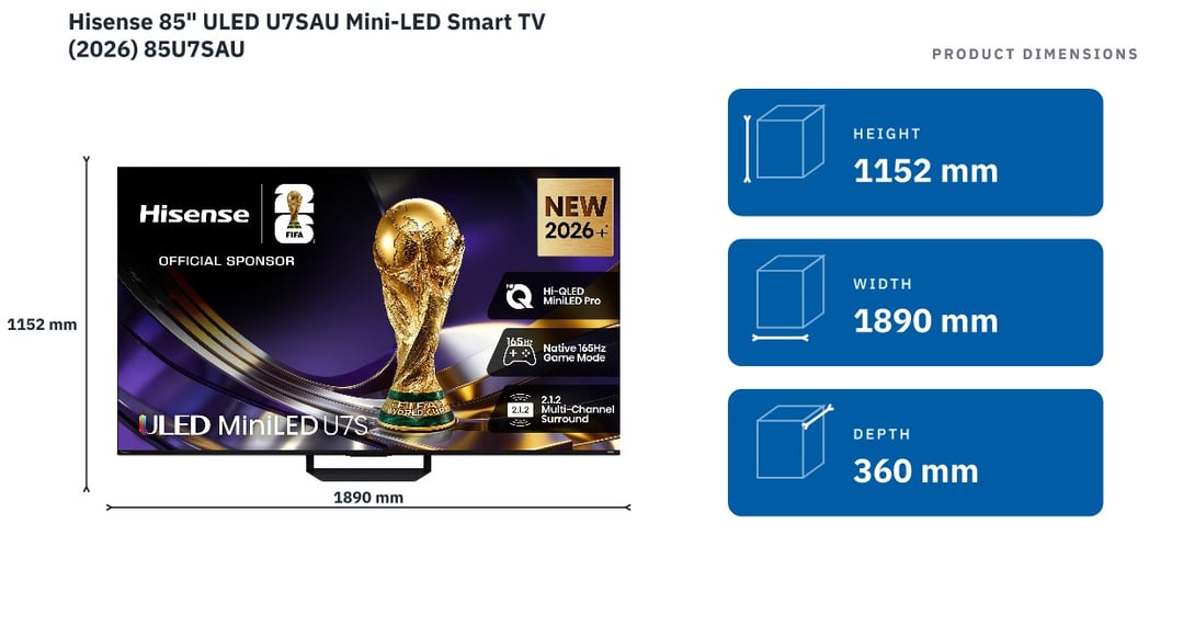 Hisense 85" ULED U7SAU Mini-LED Smart TV (2026) 85U7SAU — product dimensions