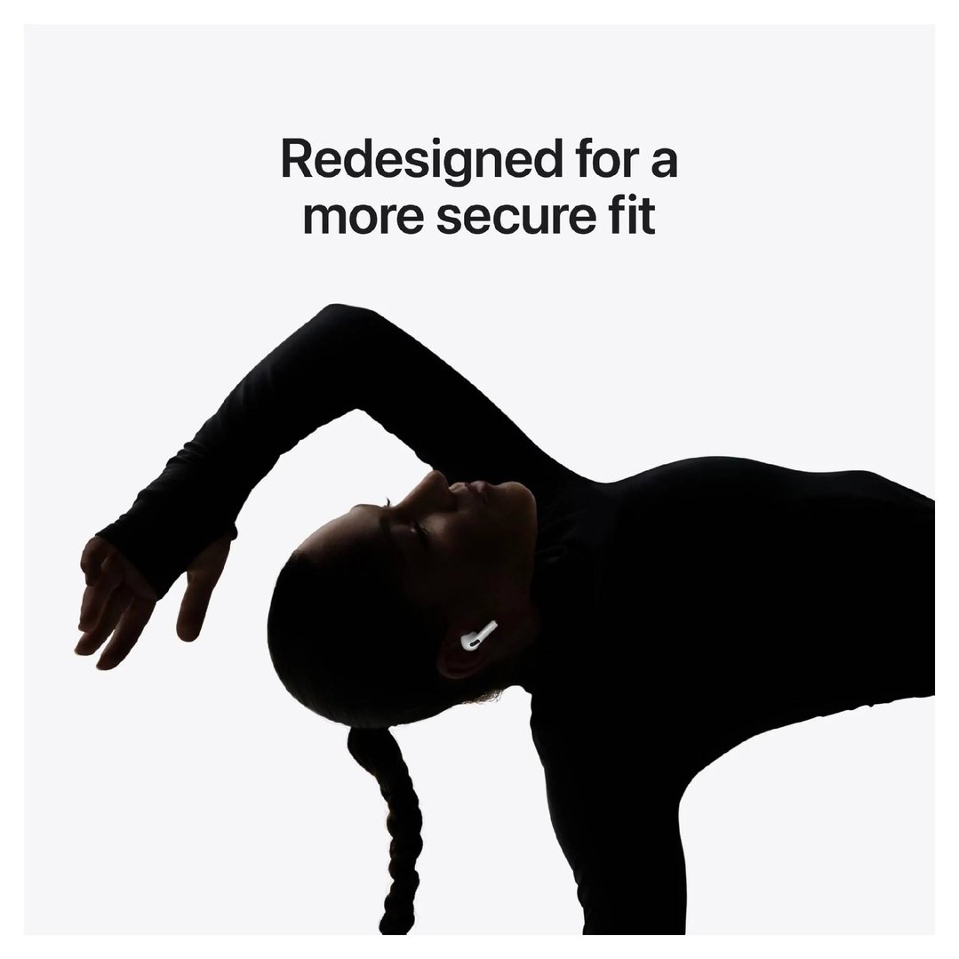 Woman wearing AirPods Pro, lying down with arms raised, text overlay above