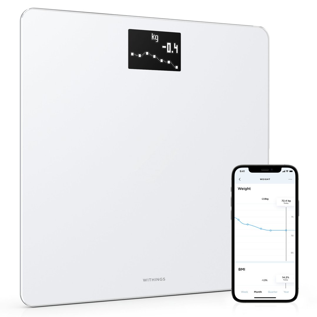 White smart scale with a smartphone displaying weight tracking data