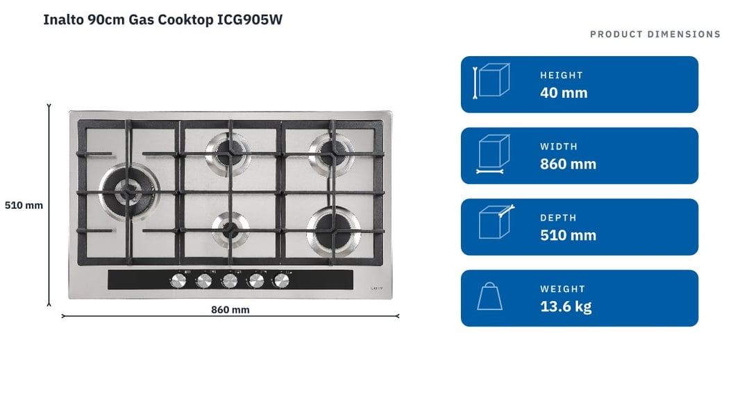 Inalto 90cm Gas Cooktop ICG905W — product dimensions