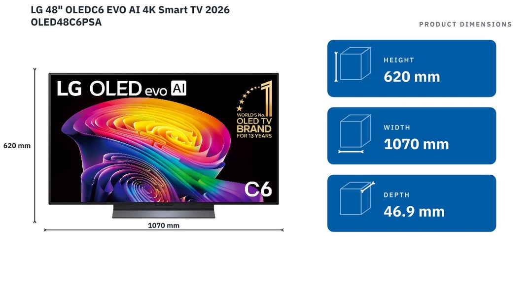 LG 48" OLEDC6 EVO AI 4K Smart TV 2026 OLED48C6PSA — product dimensions