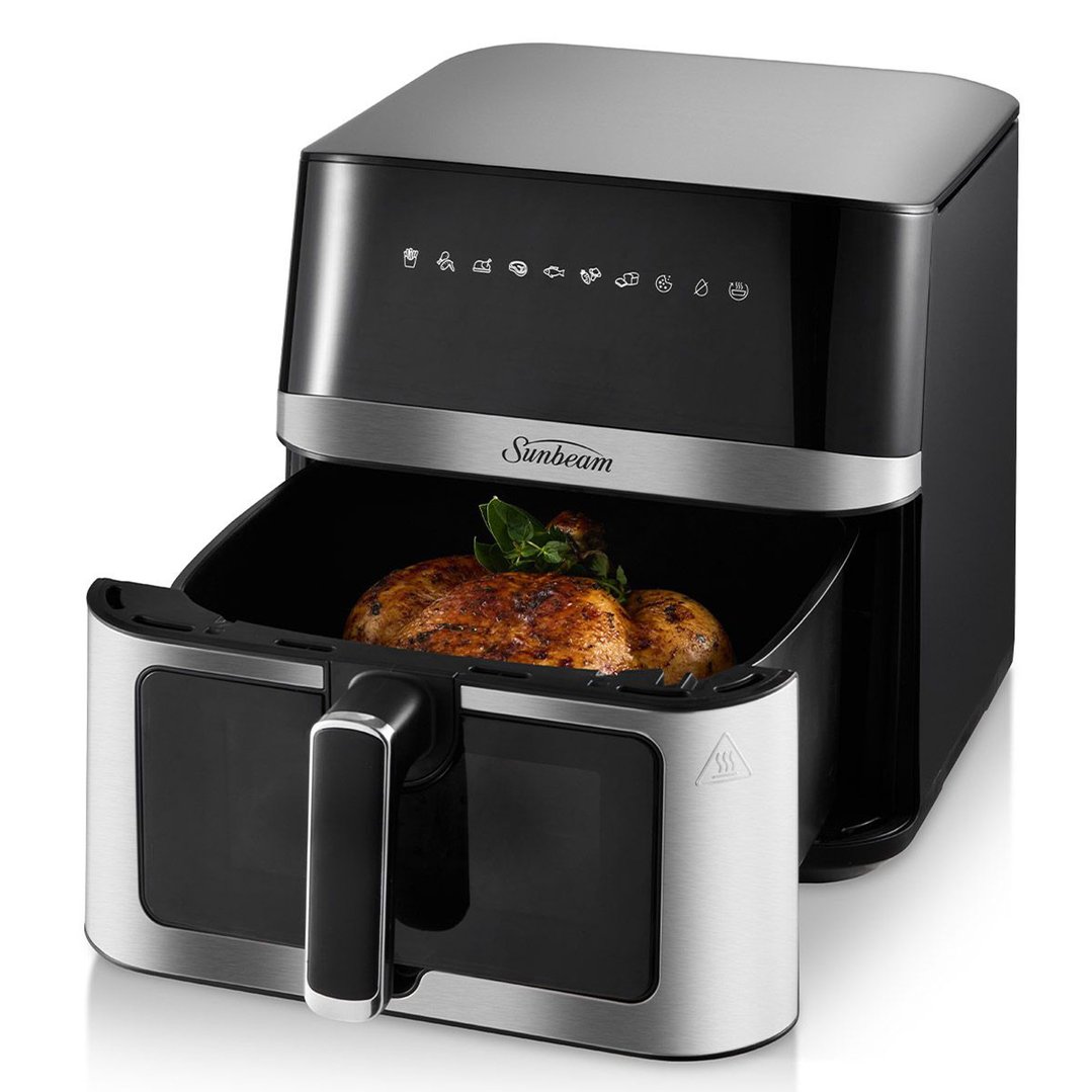 Sunbeam Alinea Max DiamondForce 7.5L Air Fryer with a cooked chicken inside
