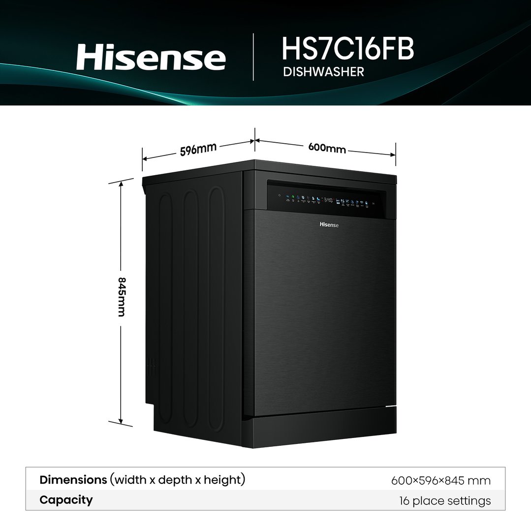 Hisense Vero Shine Series 7 16 Place Setting Freestanding Dishwasher (Black) HS7C16FB