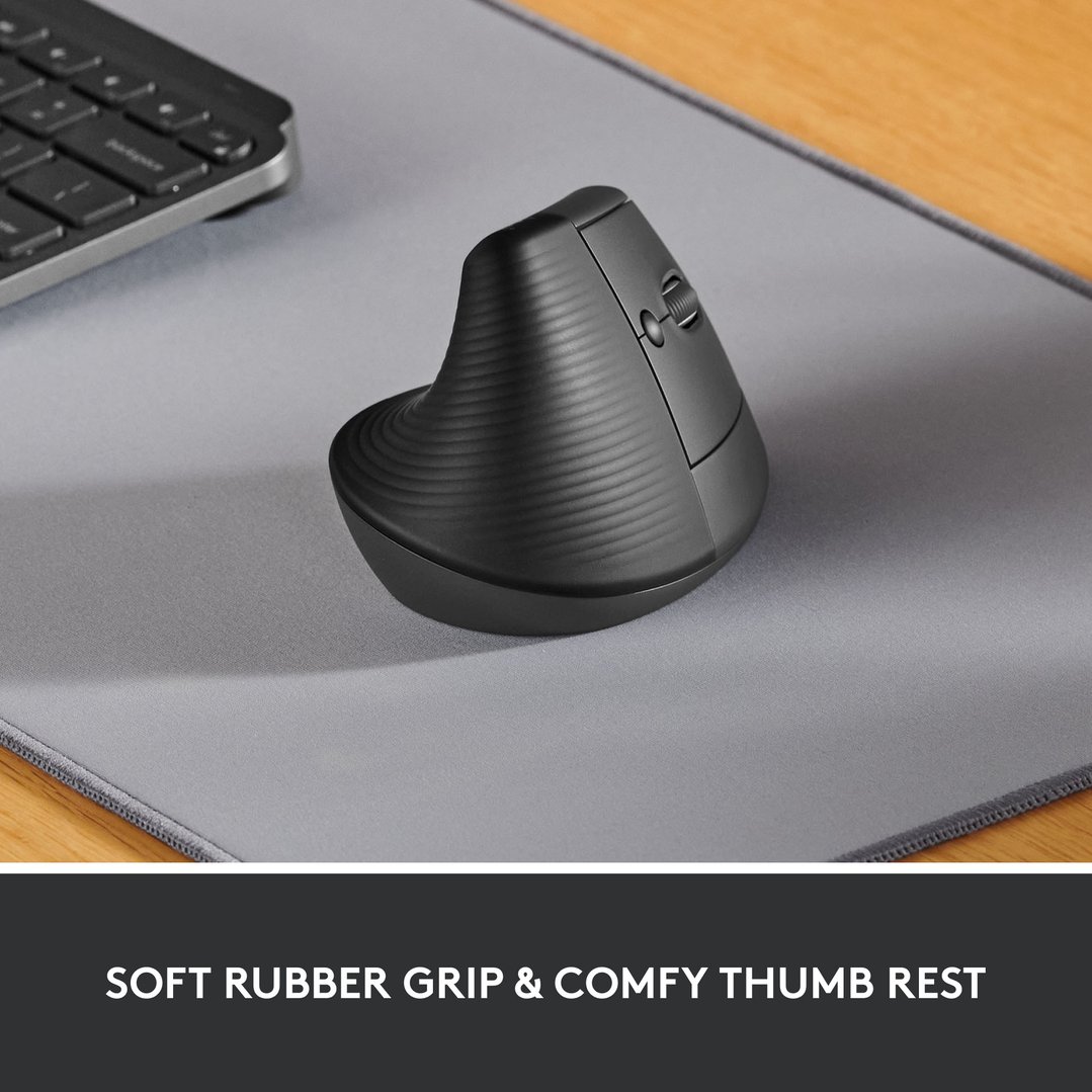 Black vertical ergonomic mouse on a gray mouse pad next to a keyboard