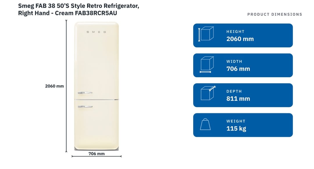Smeg FAB 38 50’S Style Retro Refrigerator, Right Hand - Cream FAB38RCR5AU