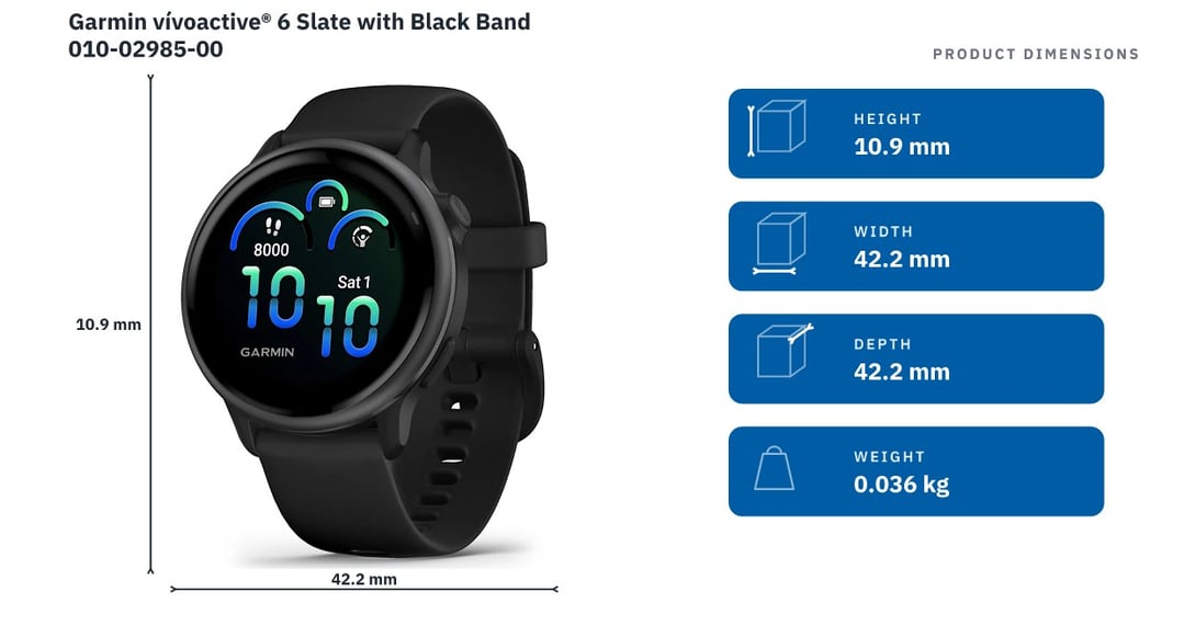 Garmin vívoactive® 6 Slate with Black Band 010-02985-00 — product dimensions