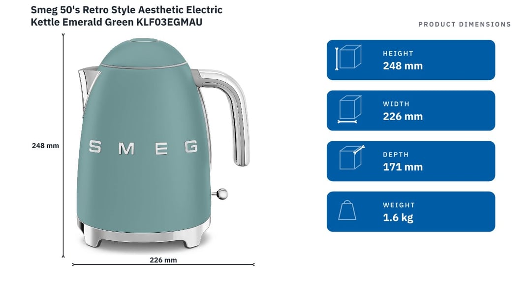 Smeg 50's Retro Style Aesthetic Electric Kettle Emerald Green KLF03EGMAU