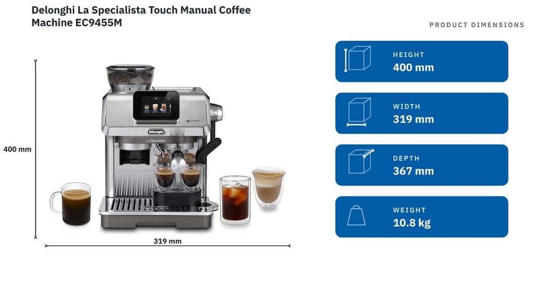 Delonghi La Specialista Touch Manual Coffee Machine EC9455M — product dimensions