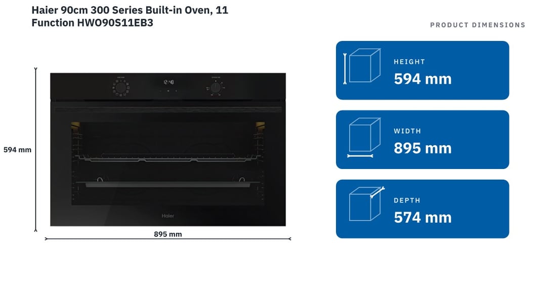 Haier 90cm 300 Series Built-in Oven, 11 Function HWO90S11EB3 — product dimensions