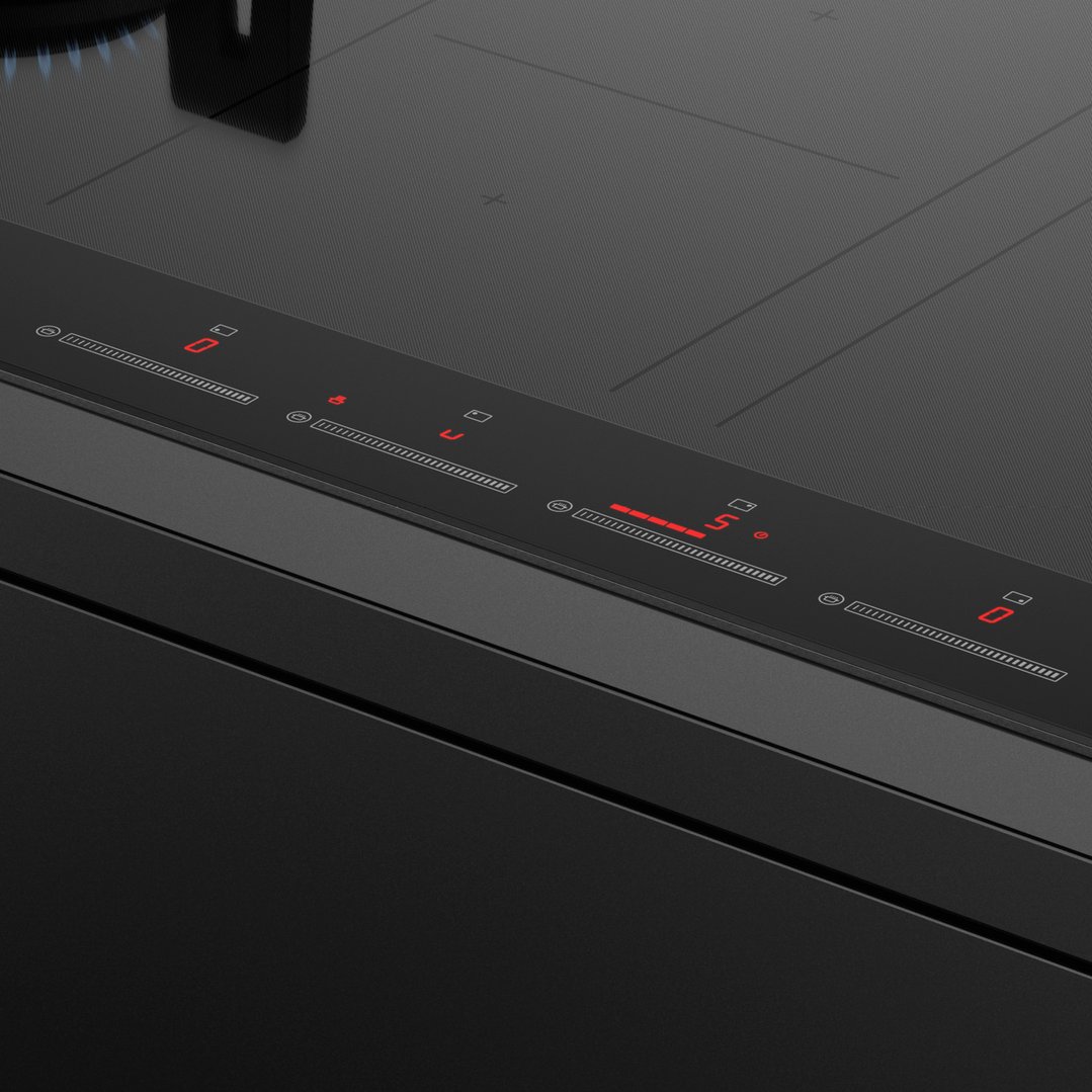Close up of a cooktop control panel with red digital displays