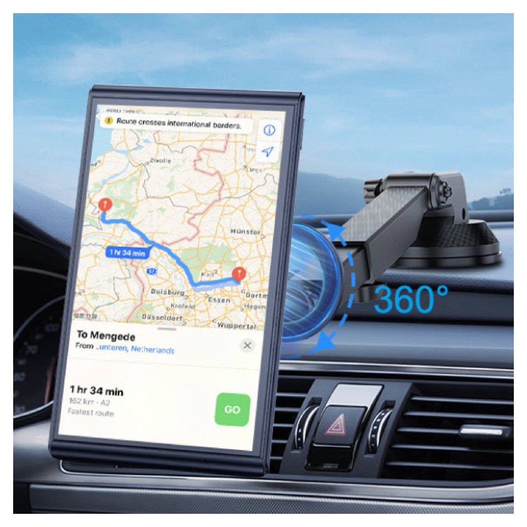 CarPlay / Android Auto with magnetic mount displaying a map in a car