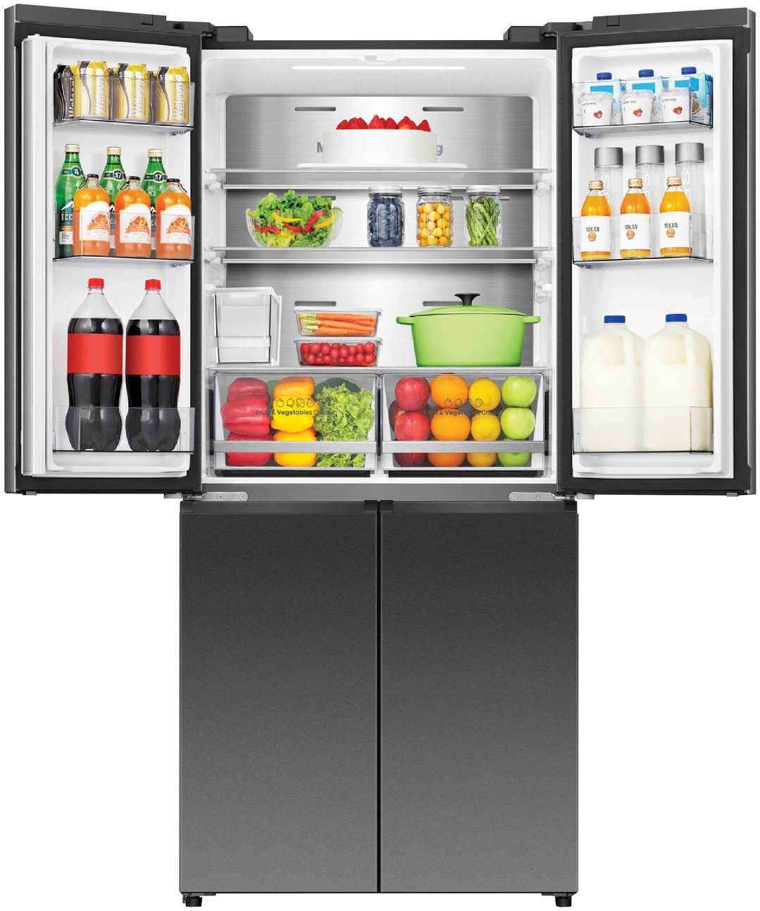 Open French door fridge with various food items and drinks inside