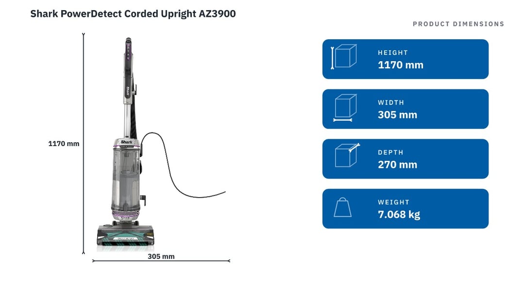 Shark PowerDetect Corded Upright AZ3900 — product dimensions