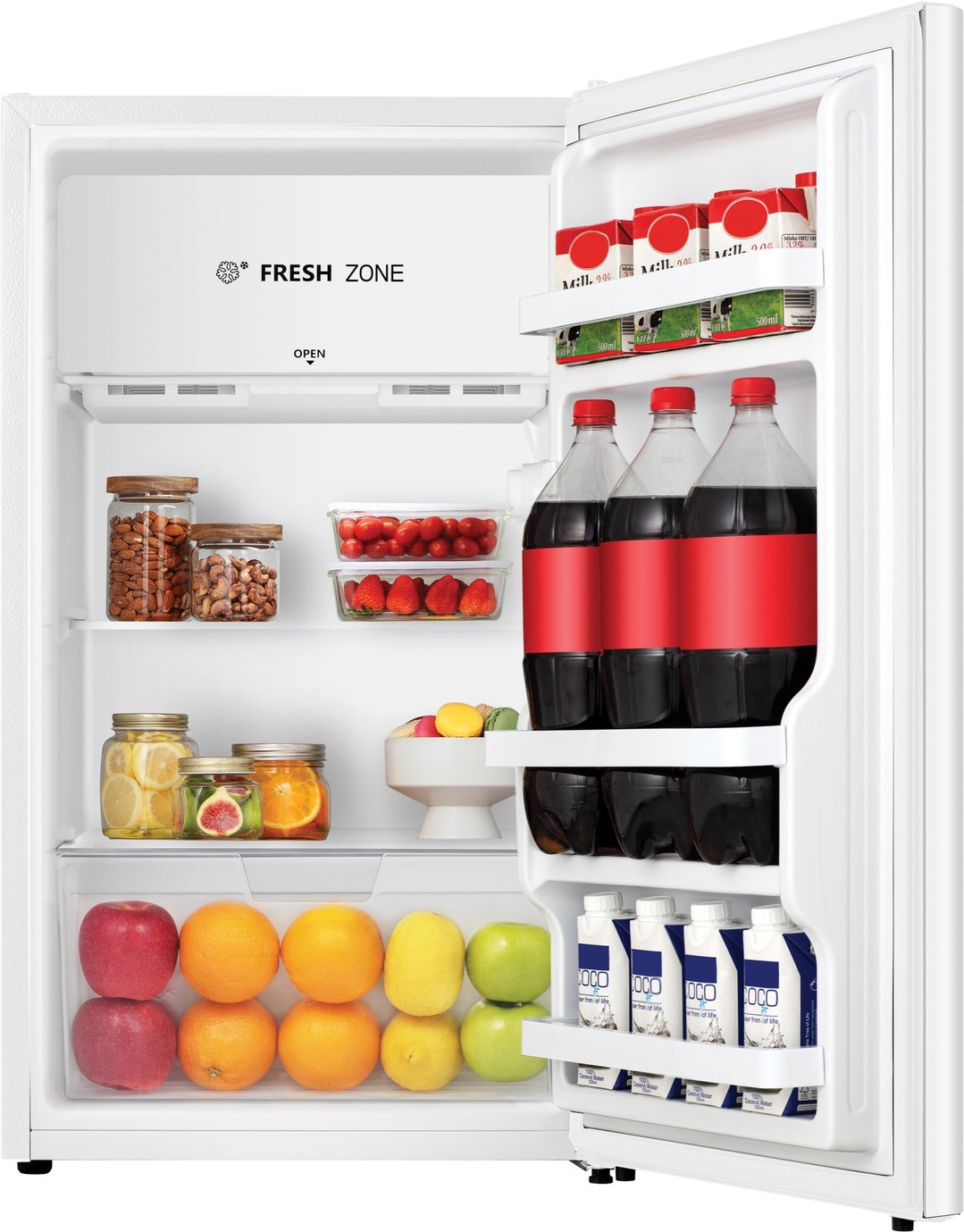 Open white bar fridge filled with food and drinks, viewed from the front