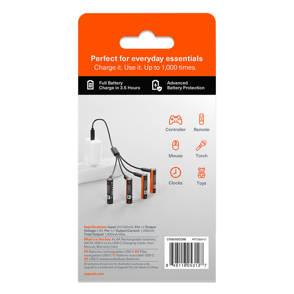 Cygnett AA USB-C Rechargeable Battery - 4 Pack - Black CY5875CCCRB