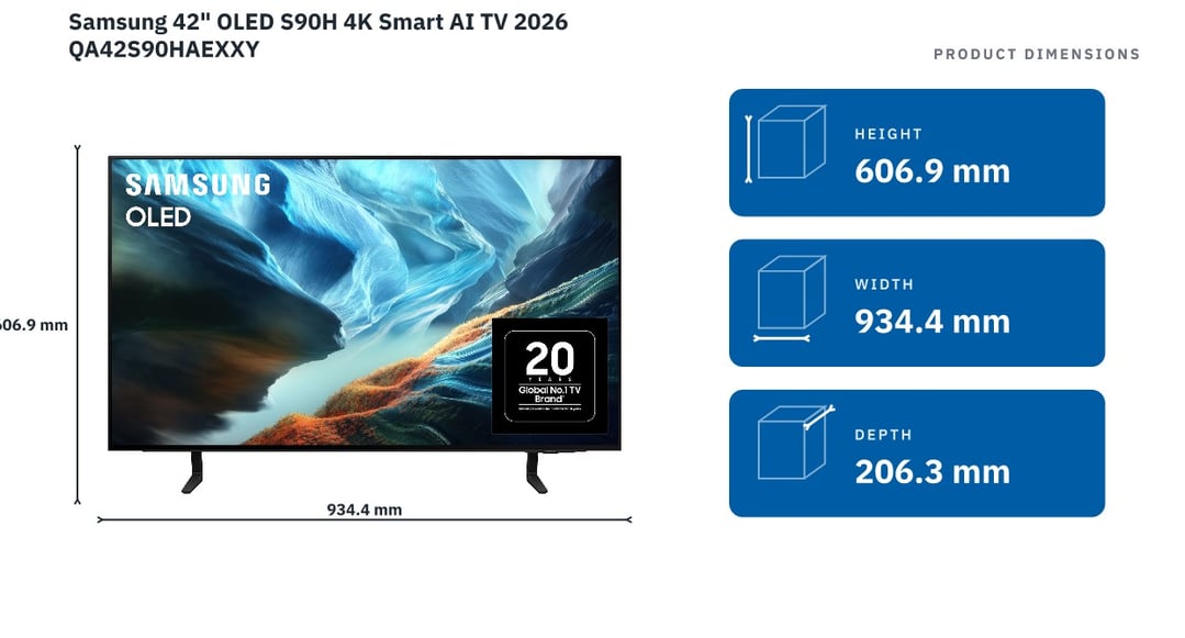 Samsung 42" OLED S90H 4K Smart AI TV 2026 QA42S90HAEXXY — product dimensions