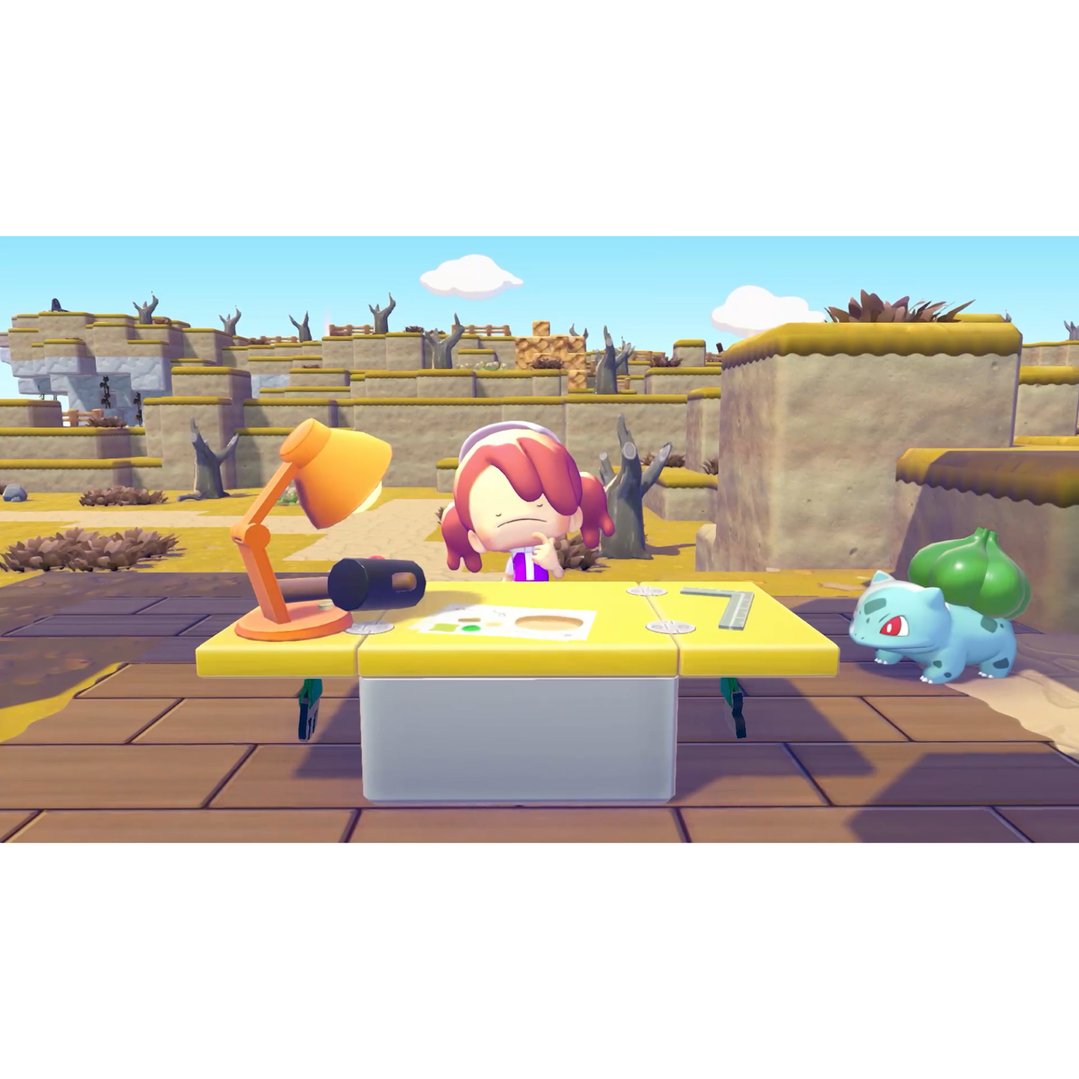 A character and Bulbasaur on a yellow table in a desert-like landscape
