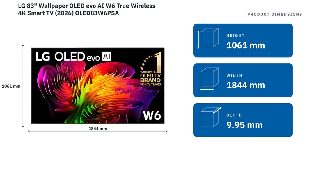 LG 83" Wallpaper OLED evo AI W6 True Wireless 4K Smart TV (2026) OLED83W6PSA — product dimensions