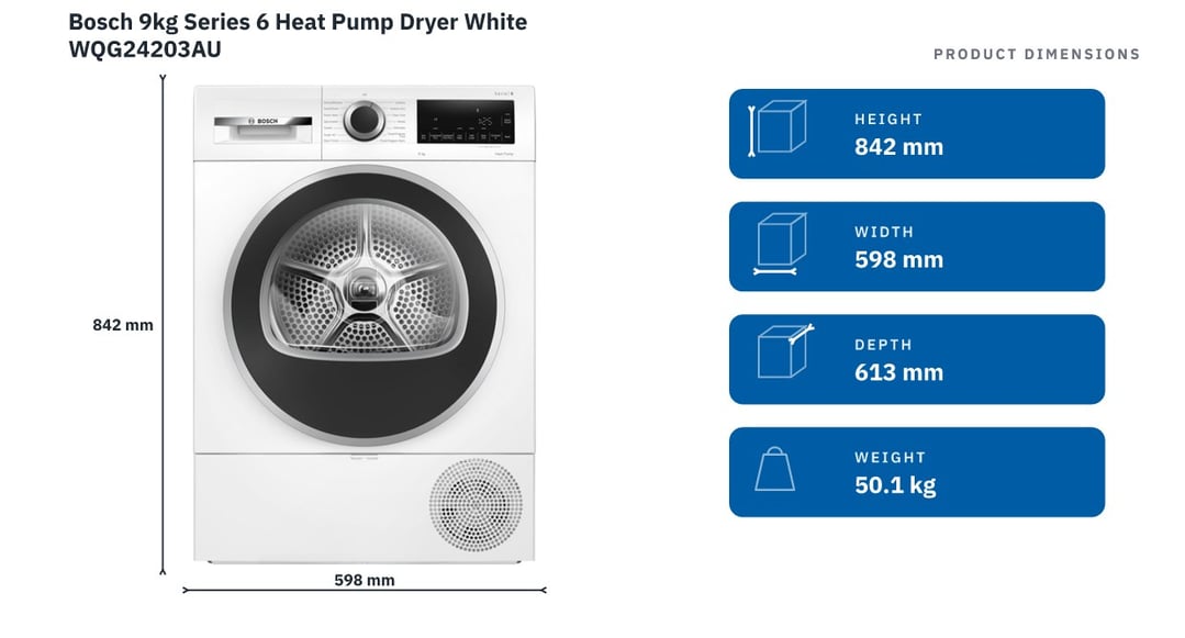 Bosch 9kg Series 6 Heat Pump Dryer White WQG24203AU — product dimensions