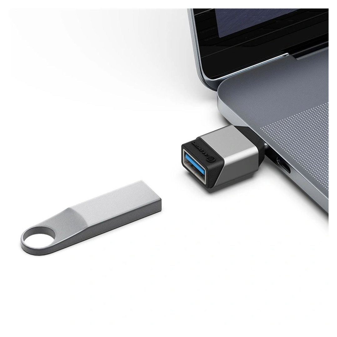 ALOGIC Ultra Mini USB-C to USB-A Adapter connected to a laptop, with a USB drive