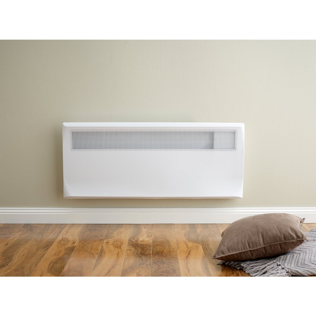 White Rinnai electric panel heater mounted on a wall above a wooden floor