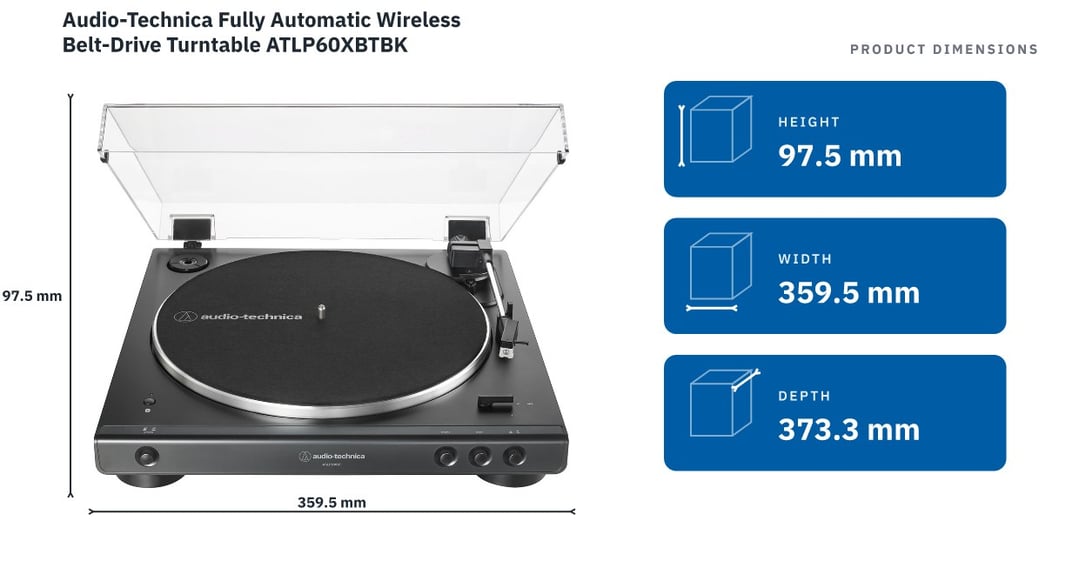 Audio-Technica Fully Automatic Wireless Belt-Drive Turntable ATLP60XBTBK — product dimensions