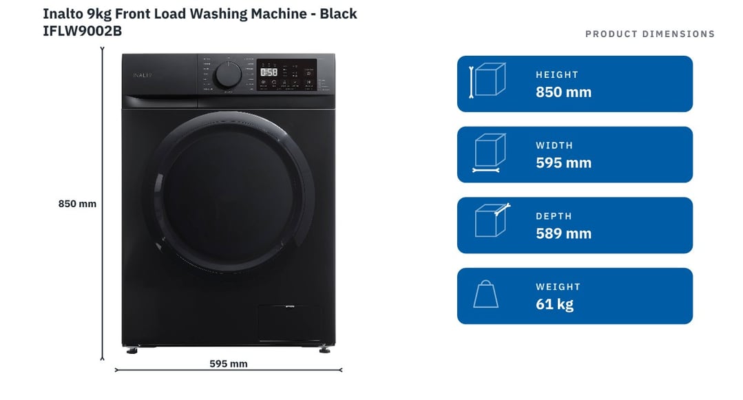 Inalto 9kg Front Load Washing Machine - Black IFLW9002B — product dimensions