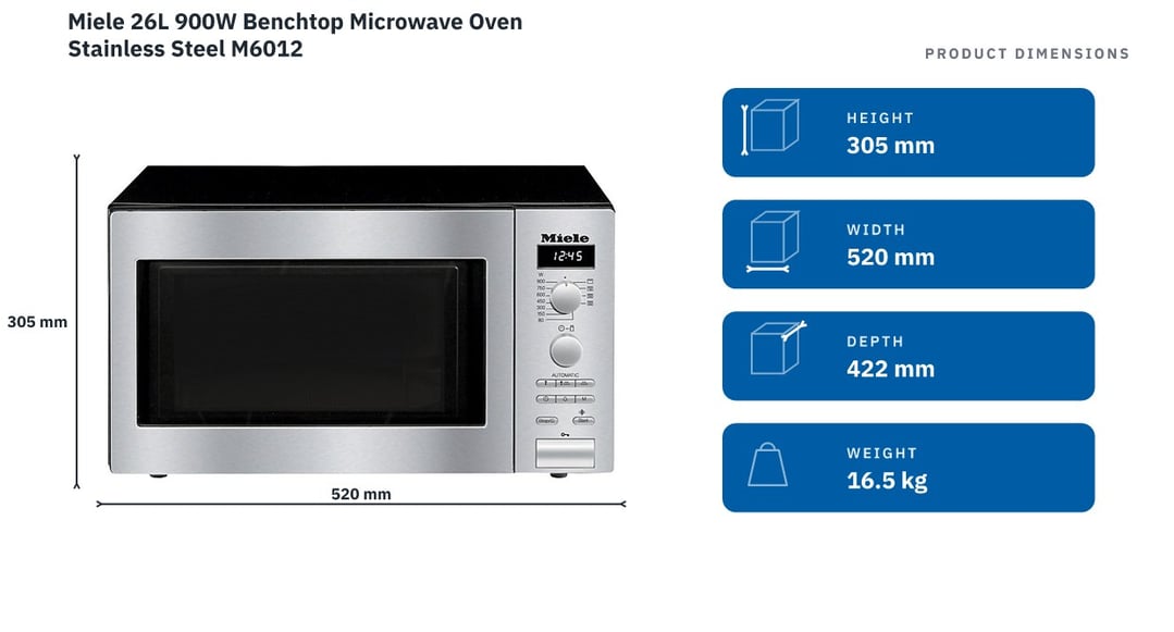 Miele 26L 900W Benchtop Microwave Oven Stainless Steel M6012 — product dimensions