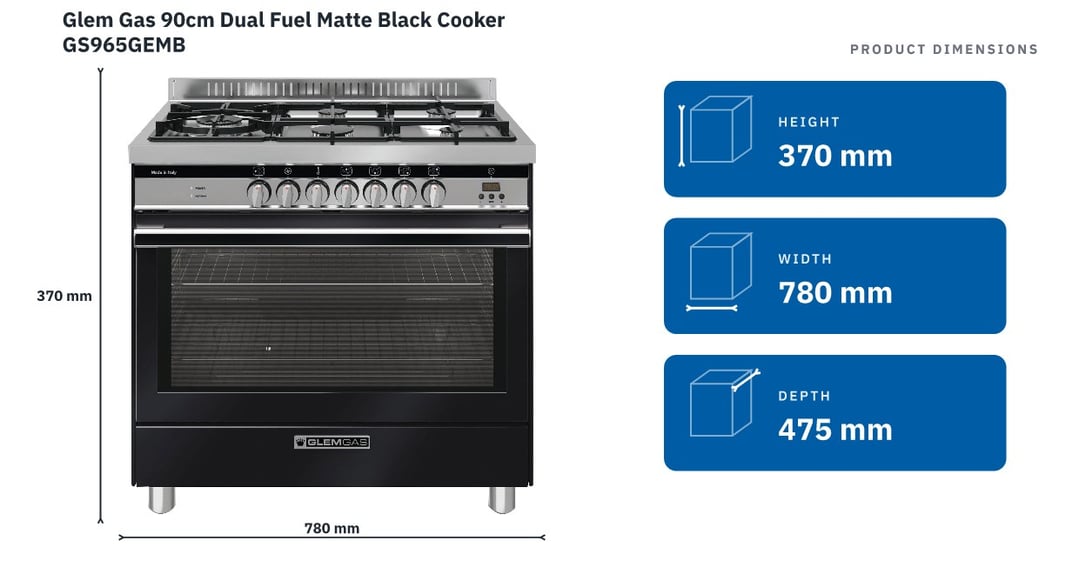 Glem Gas 90cm Dual Fuel Matte Black Cooker GS965GEMB — product dimensions