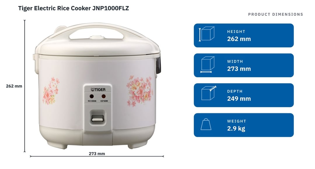 Tiger Electric Rice Cooker JNP1000FLZ — product dimensions