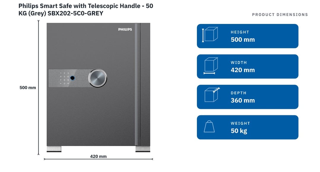 Philips Smart Safe with Telescopic Handle - 50 KG (Grey) SBX202-5C0-GREY — product dimensions