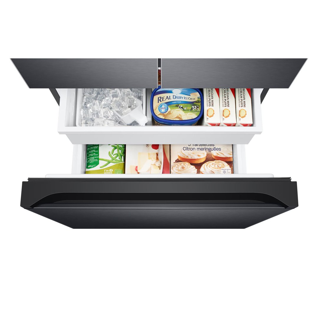 Open freezer drawers of a black French door refrigerator filled with frozen food