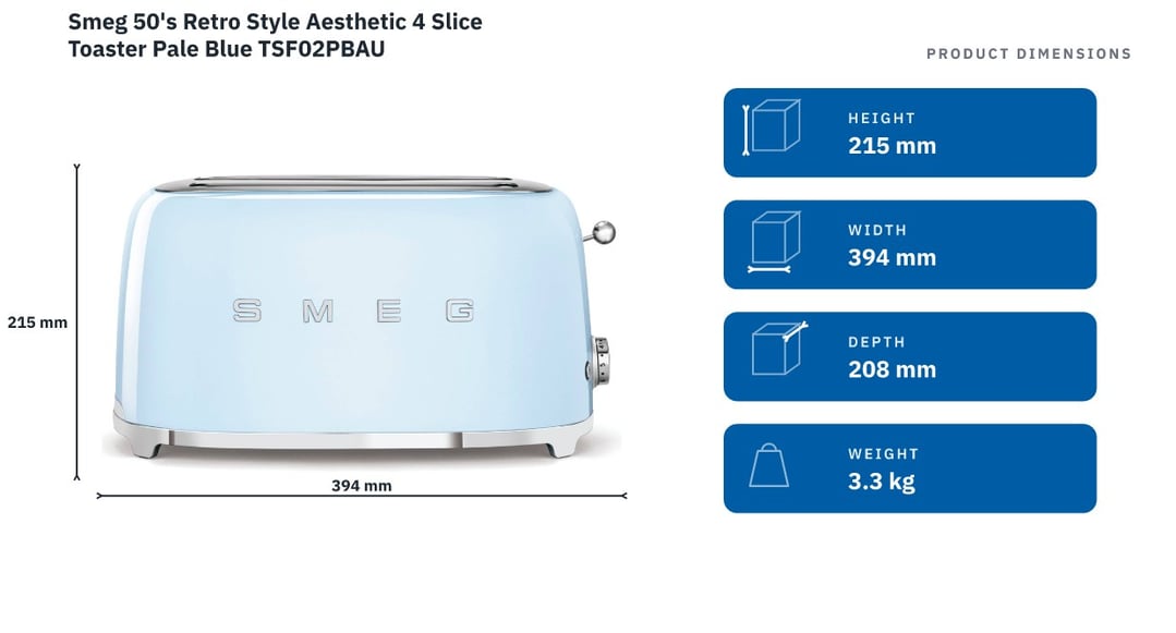 Smeg 50's Retro Style Aesthetic 4 Slice Toaster Pale Blue TSF02PBAU
