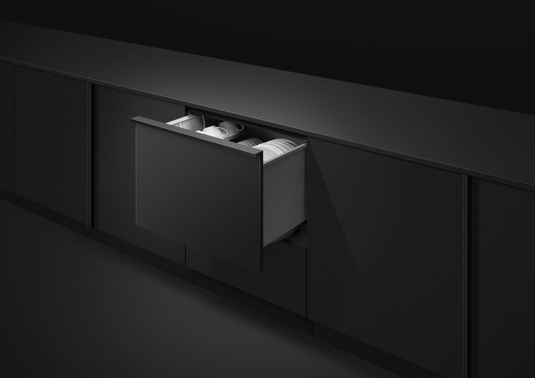 Integrated Tall Single DishDrawer Dishwasher open in a dark kitchen setting